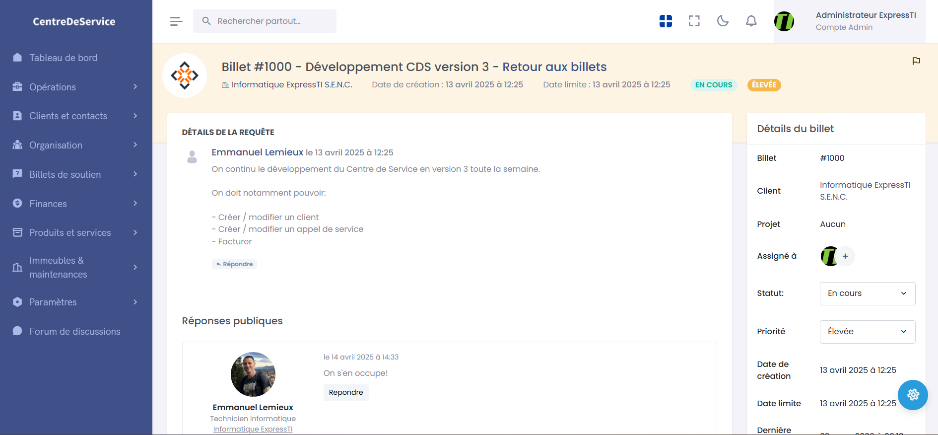 Billet de soutien et appel de service — CentreDeService.NET