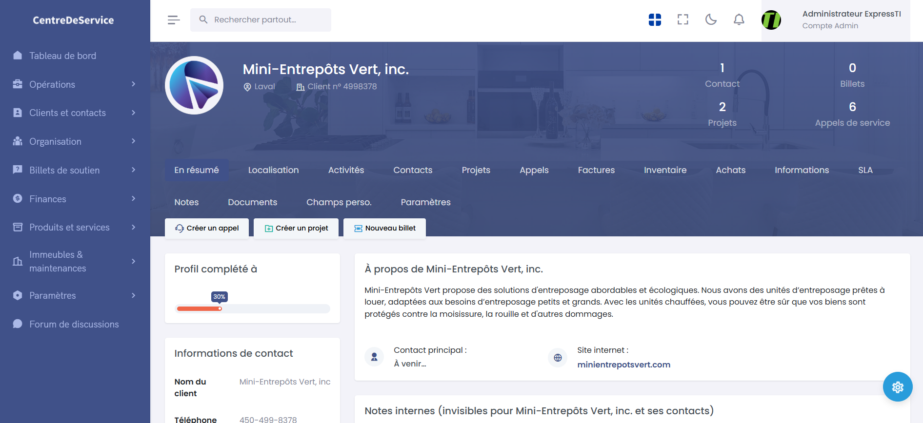 Fiche client dans le logiciel d’appel de service