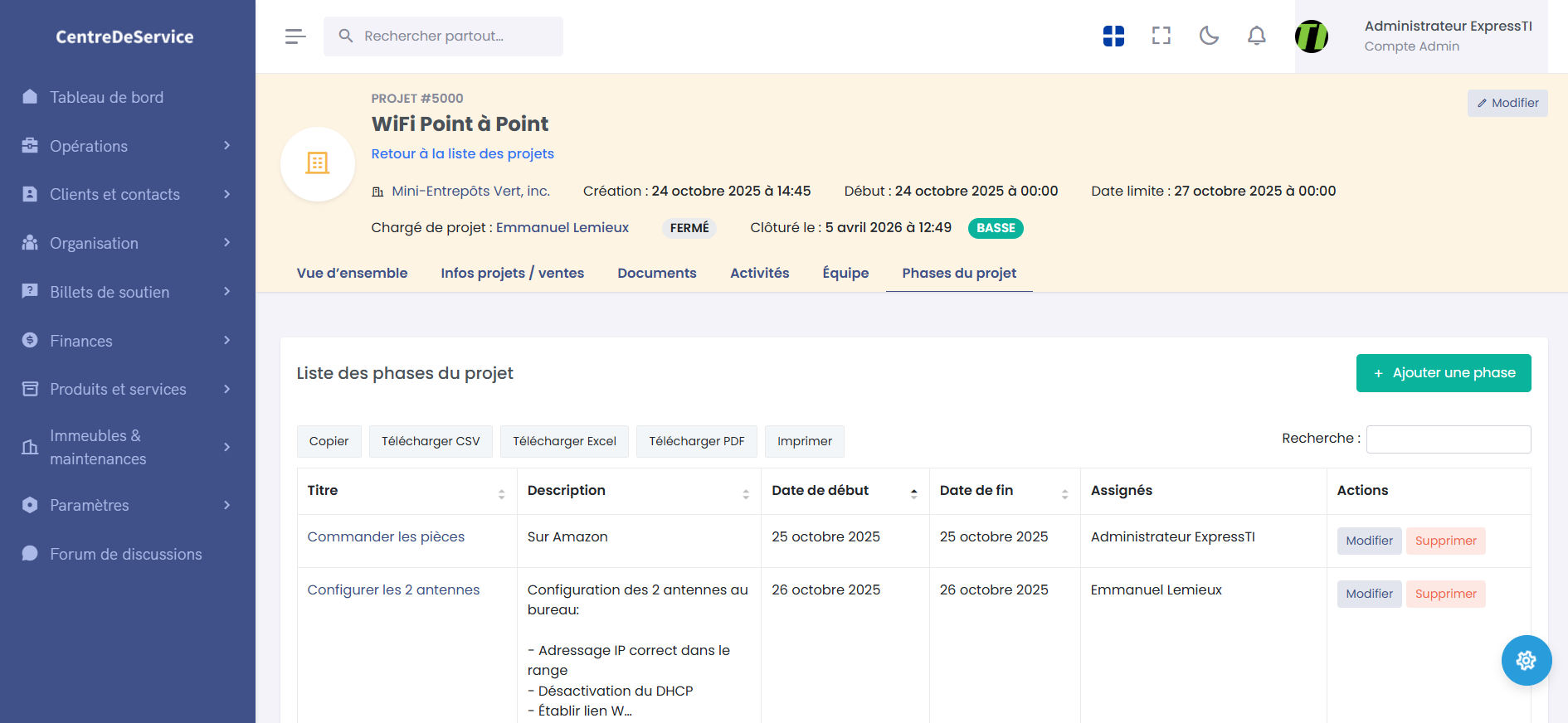 Phases de projet dans le logiciel de gestion d’interventions