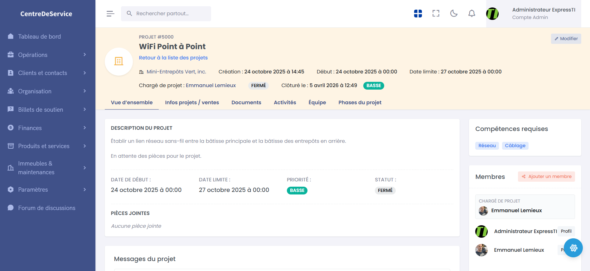 Fiche projet et suivi d’intervention — CentreDeService.NET