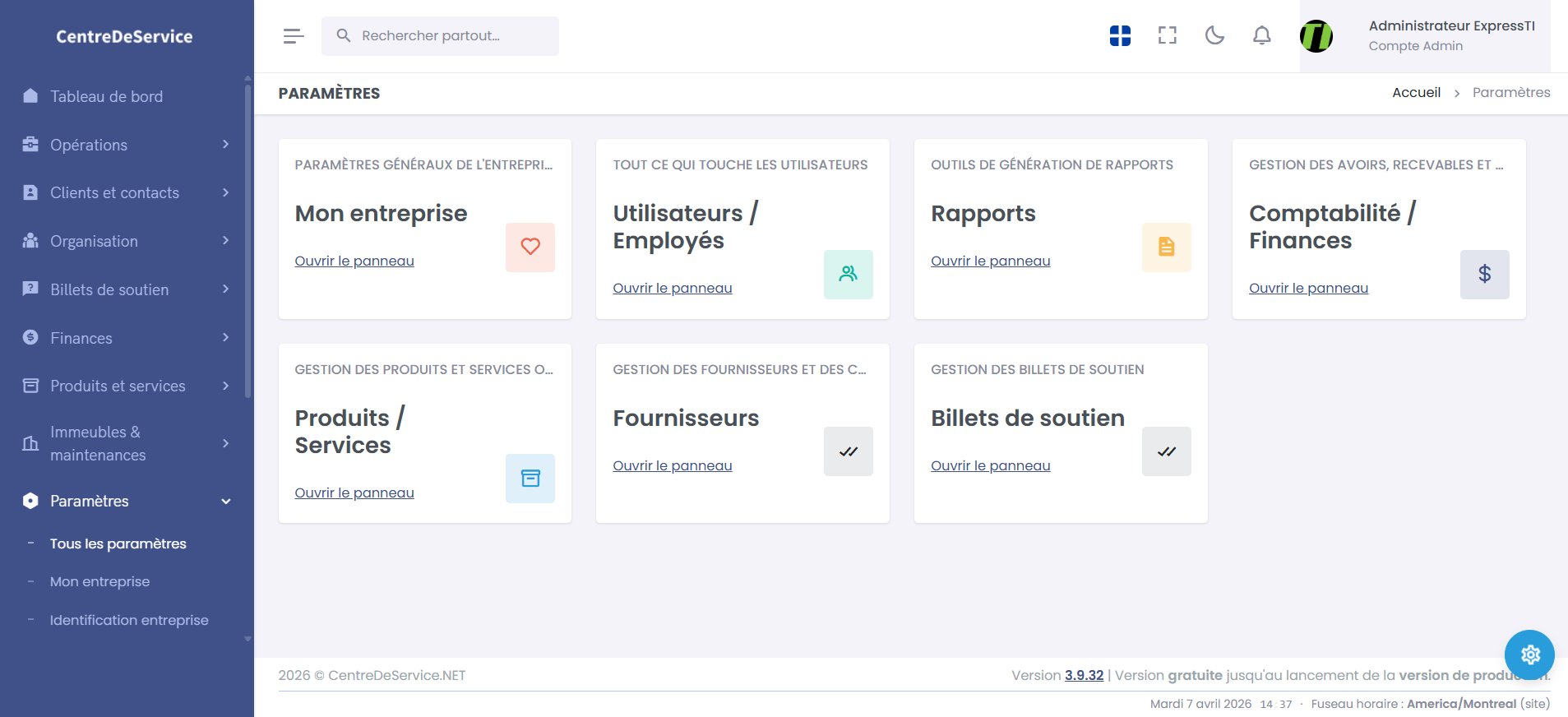Capture d’écran : écran des paramètres dans CentreDeService